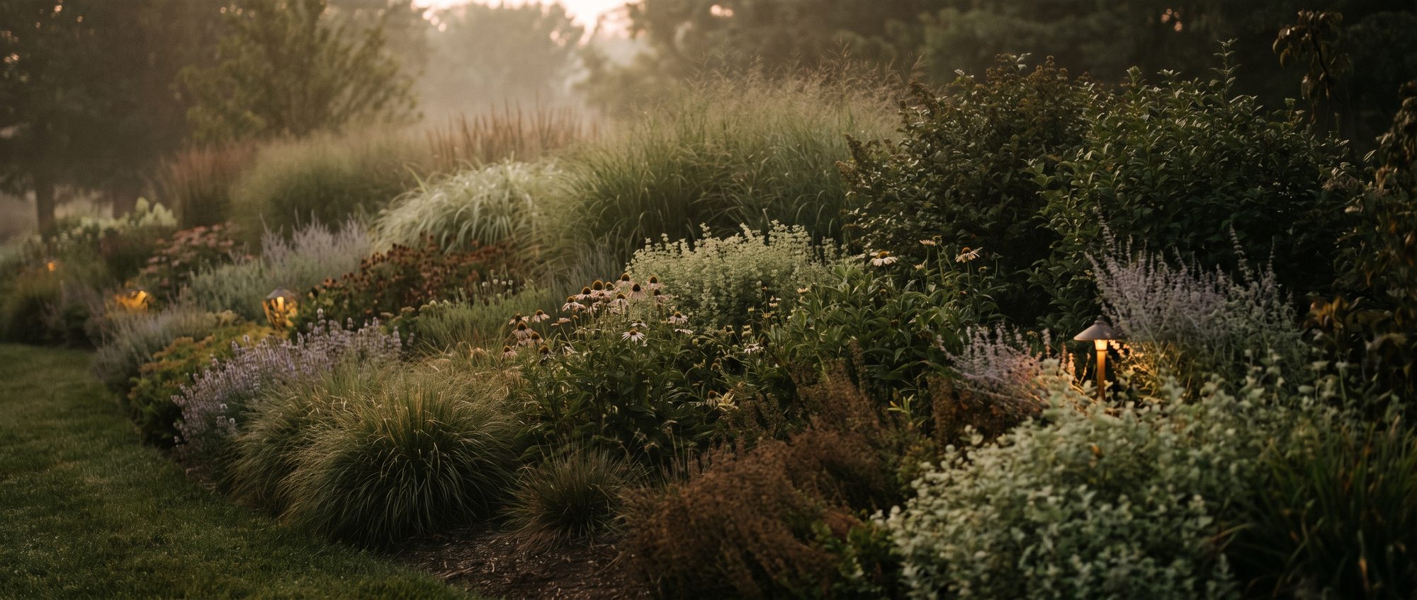 A lush garden border glowing at dusk.