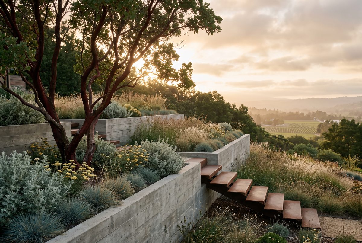A terraced hillside garden with board-formed concrete walls and silver meadow grasses at dusk.
